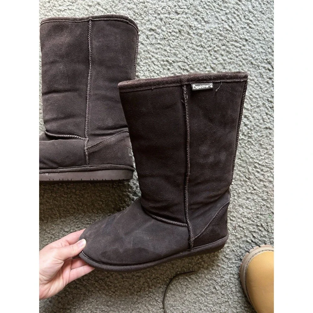 BearPaw Emma Tall Suede Sheepskin Lined Flat Casual Boots Size 9 Dark Brown